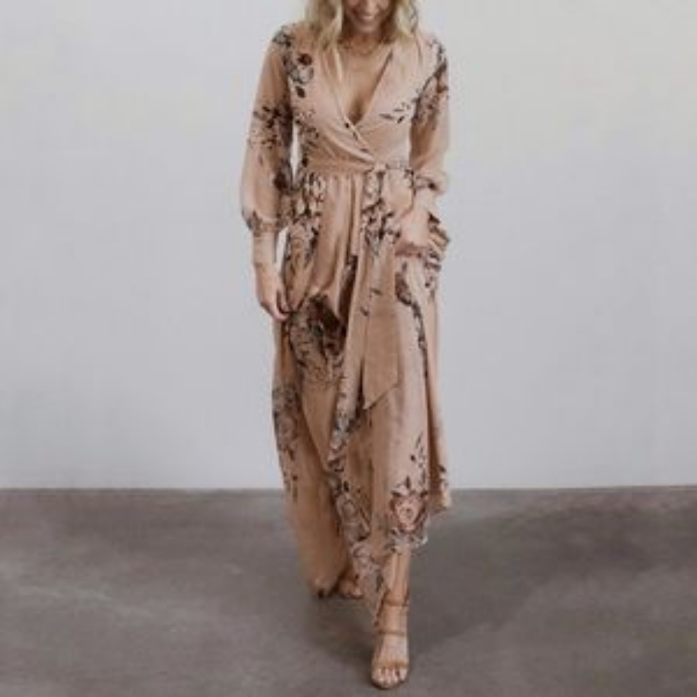 Baltic Born - Lydia Taupe Floral Maxi Dress Large